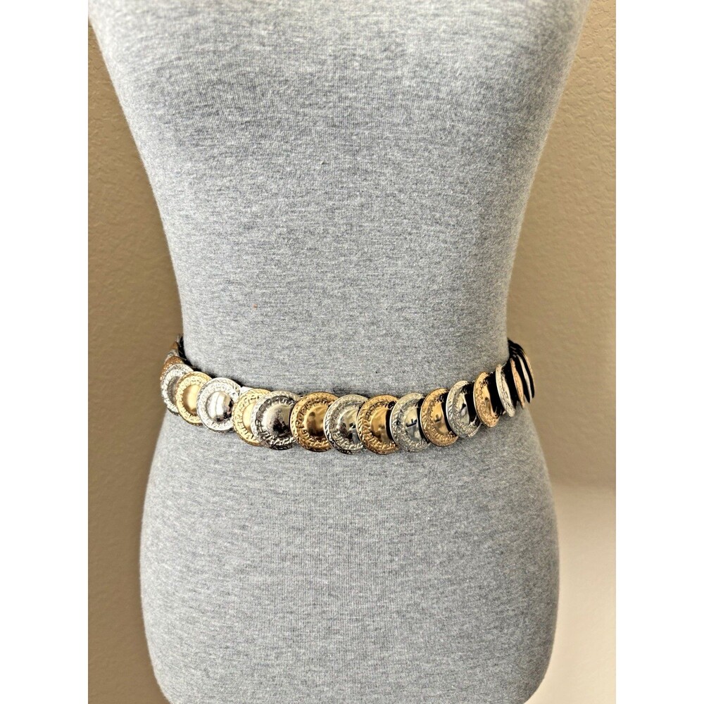 Women's Size Medium/Large Silver Gold Hammered Medallion Elastic Belt